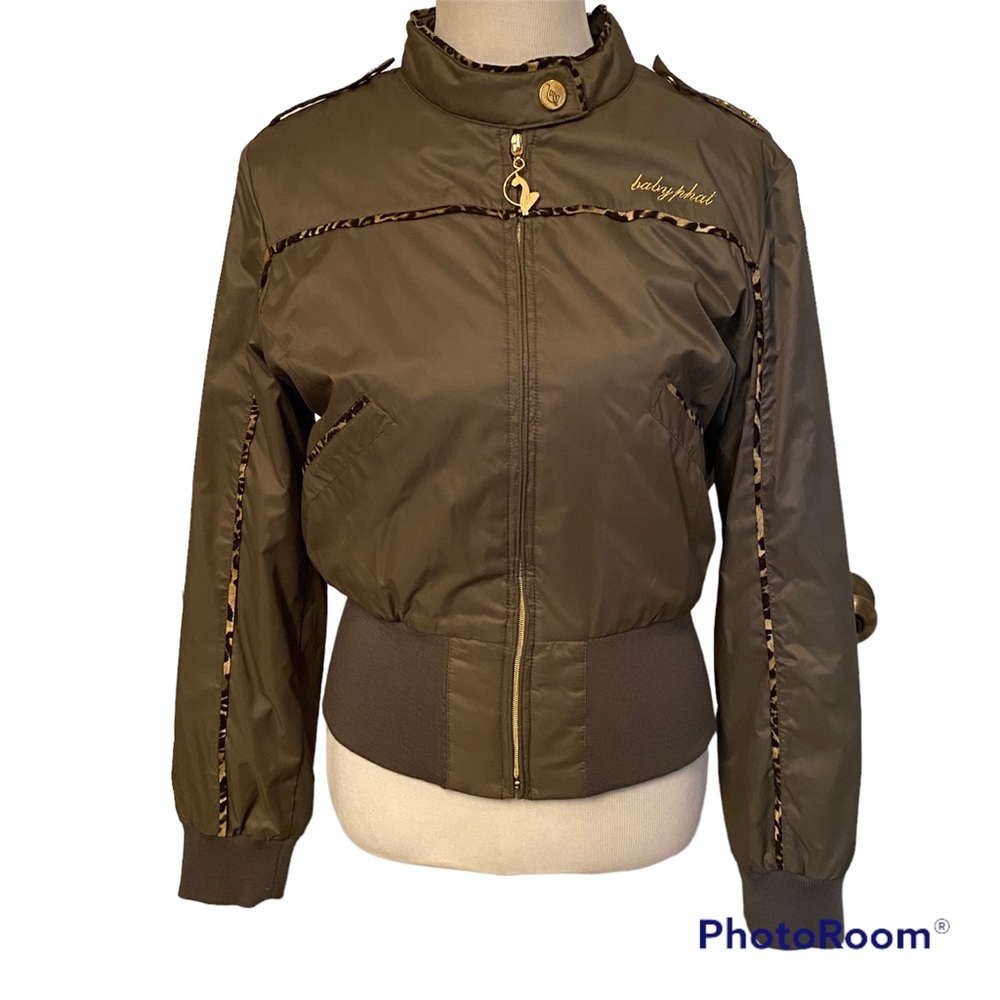BABY PHAT JACKET BOMBER OLIVE GREEN LEOPARD CAT BLING LONG SLEEVE POCKETS SIZE L